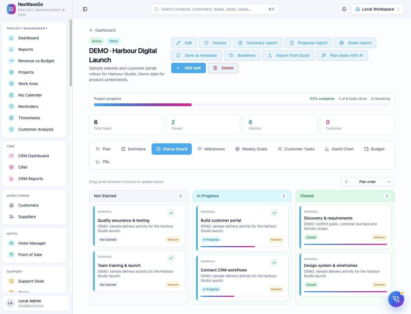Actual NexWaveGO project board with six demo tasks across planned, active and completed work